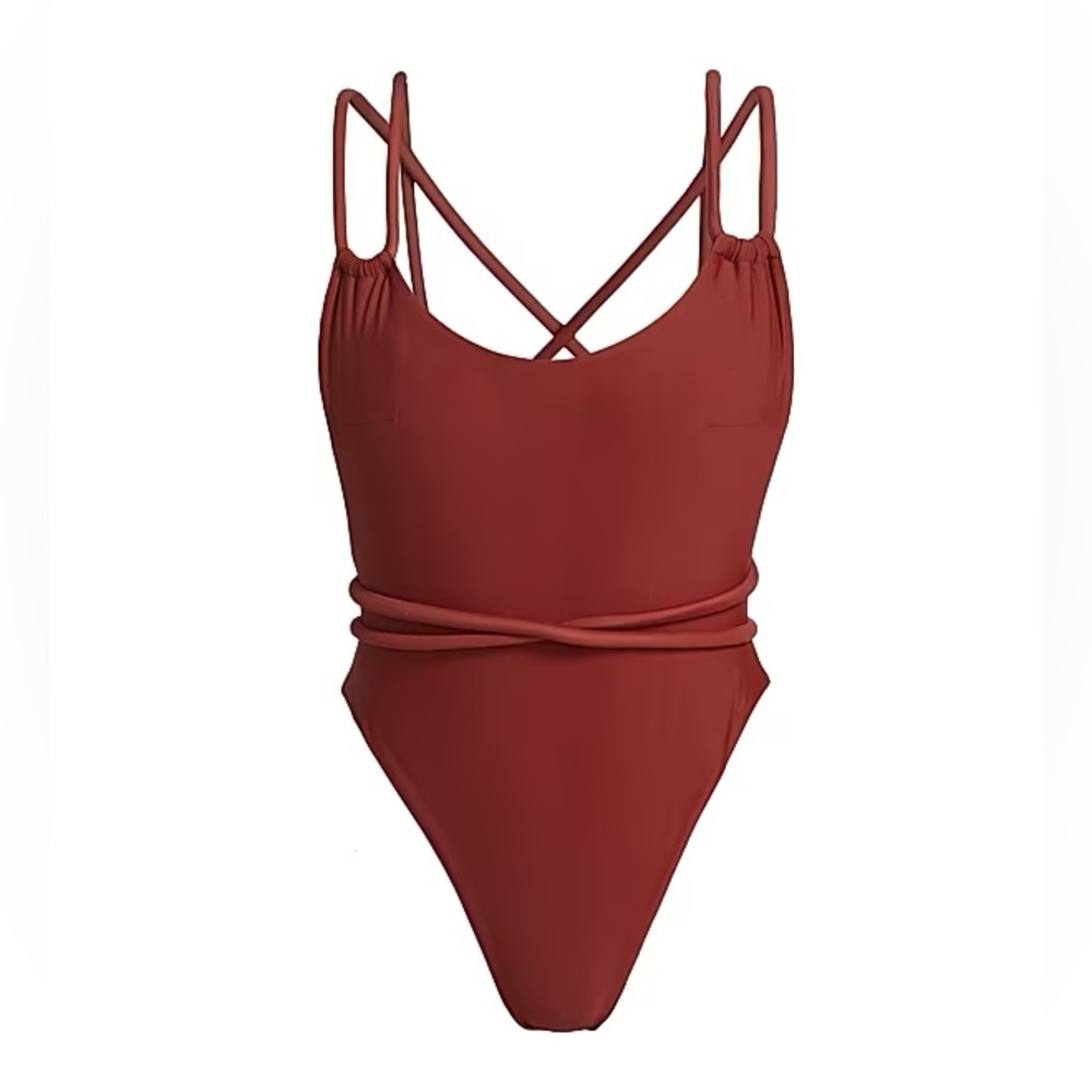 Andrea Iyamah Deep Rust Wrap-Detail One-Piece Swimsuit